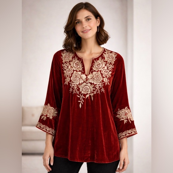 Johnny Was Tops - Johnny Was Velvet Embroidered Floral Boho Blouse | Rust | XS
